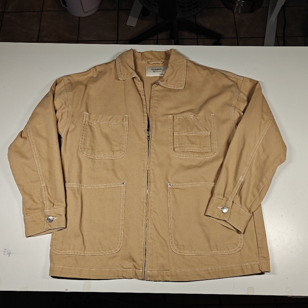 Pull&Bear Women's Tan Workwear Jacket With White Thread Detail